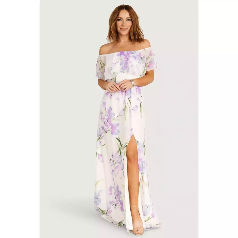 Baltic Born Daphne Off Shoulder Maxi Dress | Ivory + Lavender Floral Size LL